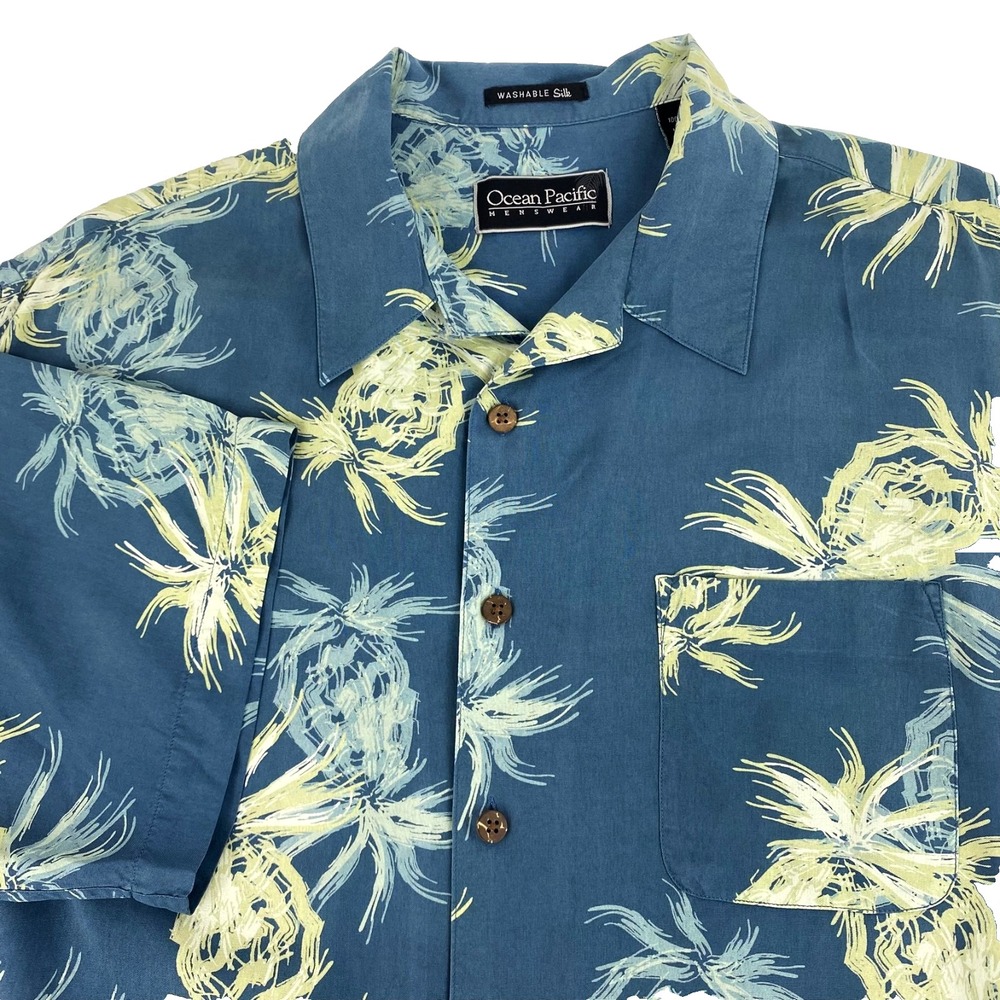 OP Ocean Pacific Short Sleeve Shirt Men's L Washable Silk Hawaiian Tropical